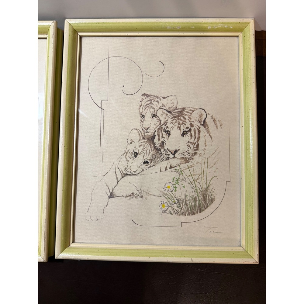 Vintage Tara Signed Wildlife Art Prints Set 2 Tiger Elephant Framed 11x13 Green - Picture 10 of 16